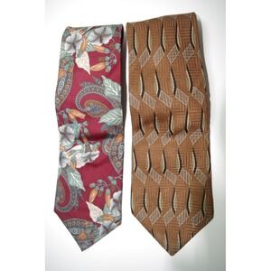 2 Vtg. Bill Blass Silk Tie Burgundy Paisley Floral Brown Geometric Black Label